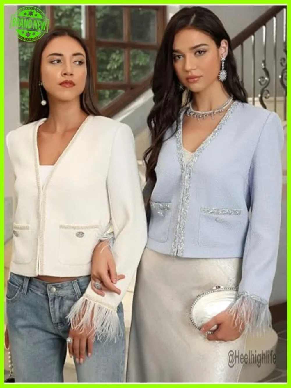 Collarless Tweed Cropped Blazer with Pockets Feather Trim Long Sleeve Dressy